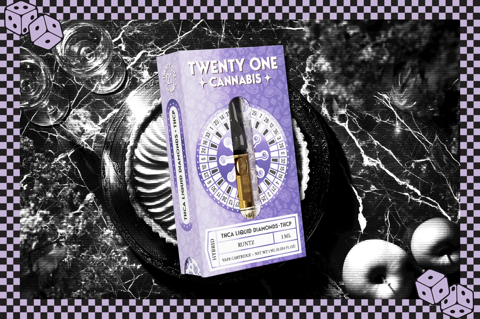 A pack of twenty-one Cannabis THCA Liquid Diamonds–THCP vape cartridge set against a dark background