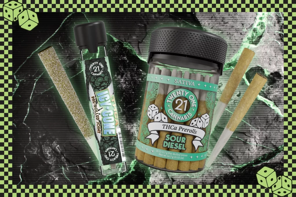 An Icy Cone pre-rolled joint and a container of THCa Sour Diesel prerolls set against a dark background