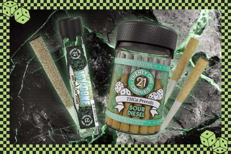 An Icy Cone pre-rolled joint and a container of THCa Sour Diesel prerolls set against a dark background