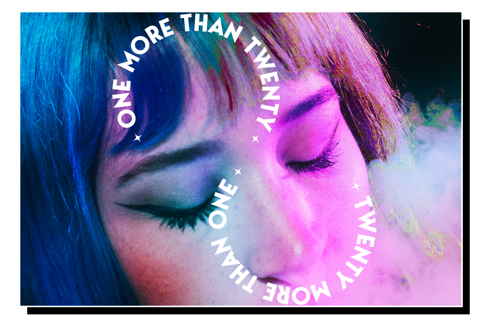 A woman's face is illuminated with colorful lighting, her eyes are closed, and smoke surrounds her as if she is vaping