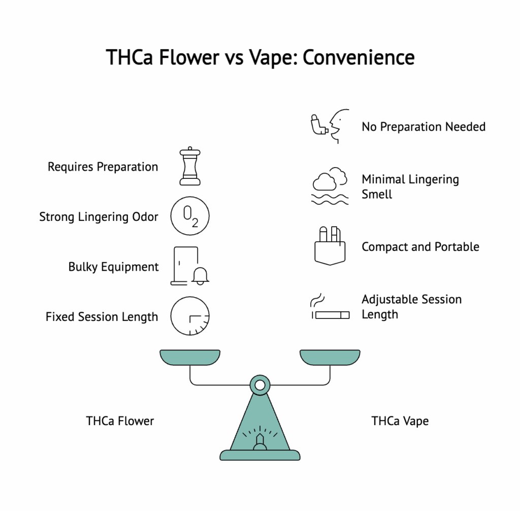 A visual weighing the convenience of THCa flowers and vapes 